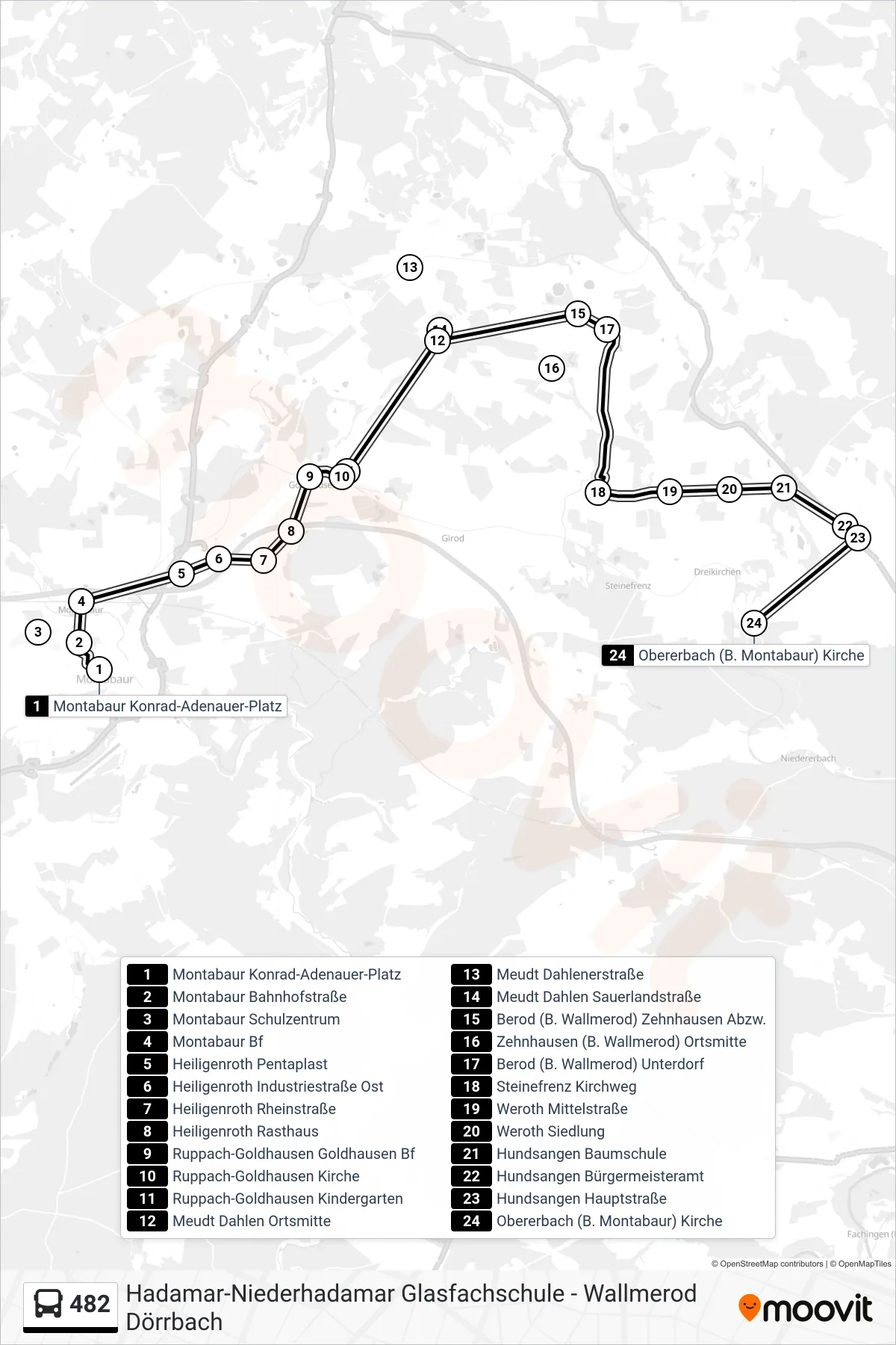 482 bus Line (Obererbach (B. Montabaur) Kirche) route and stops on a map