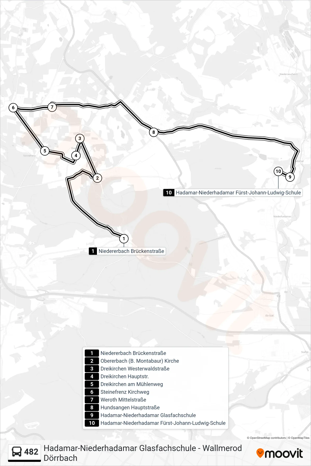 Linie 482 (Bus) Richtung Hadamar-Niederhadamar Fürst-Johann-Ludwig-Schule: Route und Haltestellen auf der Karte