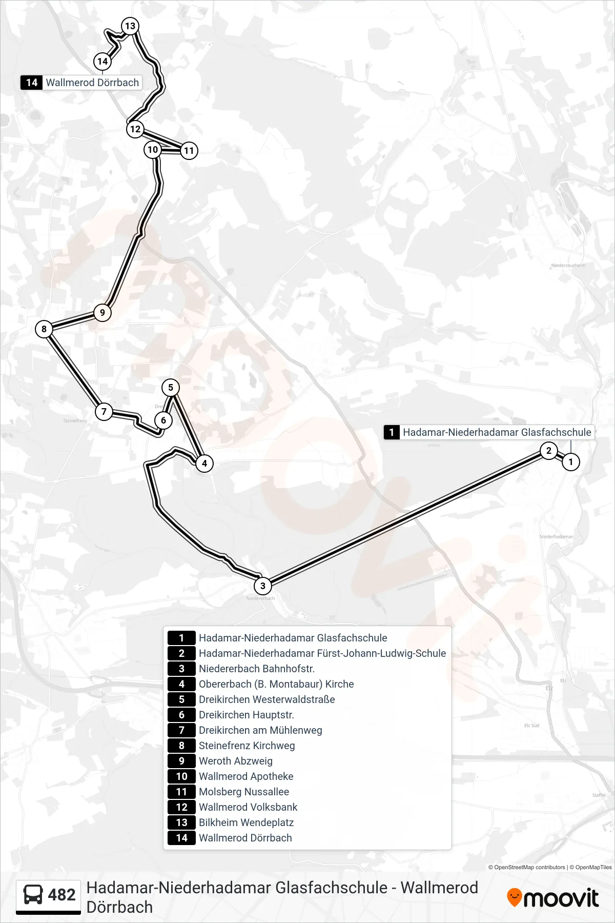 482 bus Line (Wallmerod Dörrbach) route and stops on a map