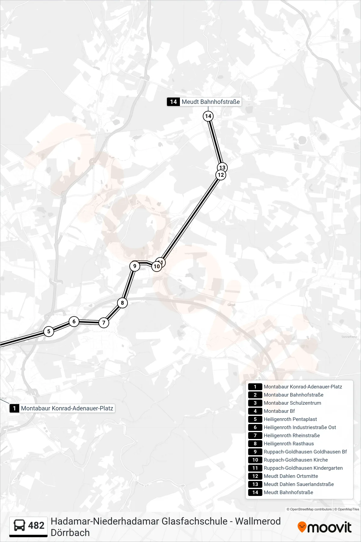 482 bus Line (Meudt Bahnhofstraße) route and stops on a map