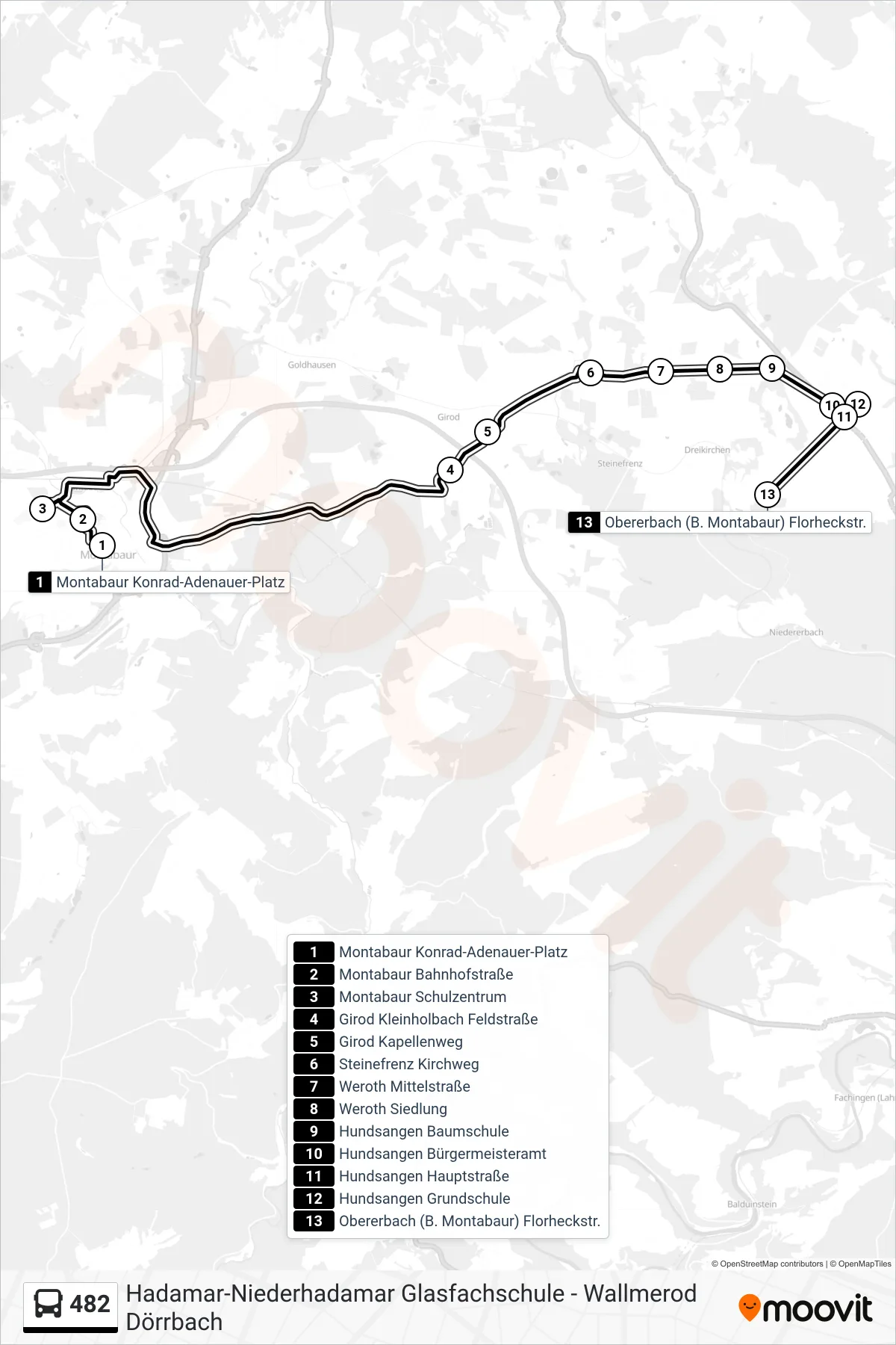 482 bus Line (Obererbach (B. Montabaur) Florheckstr.) route and stops on a map