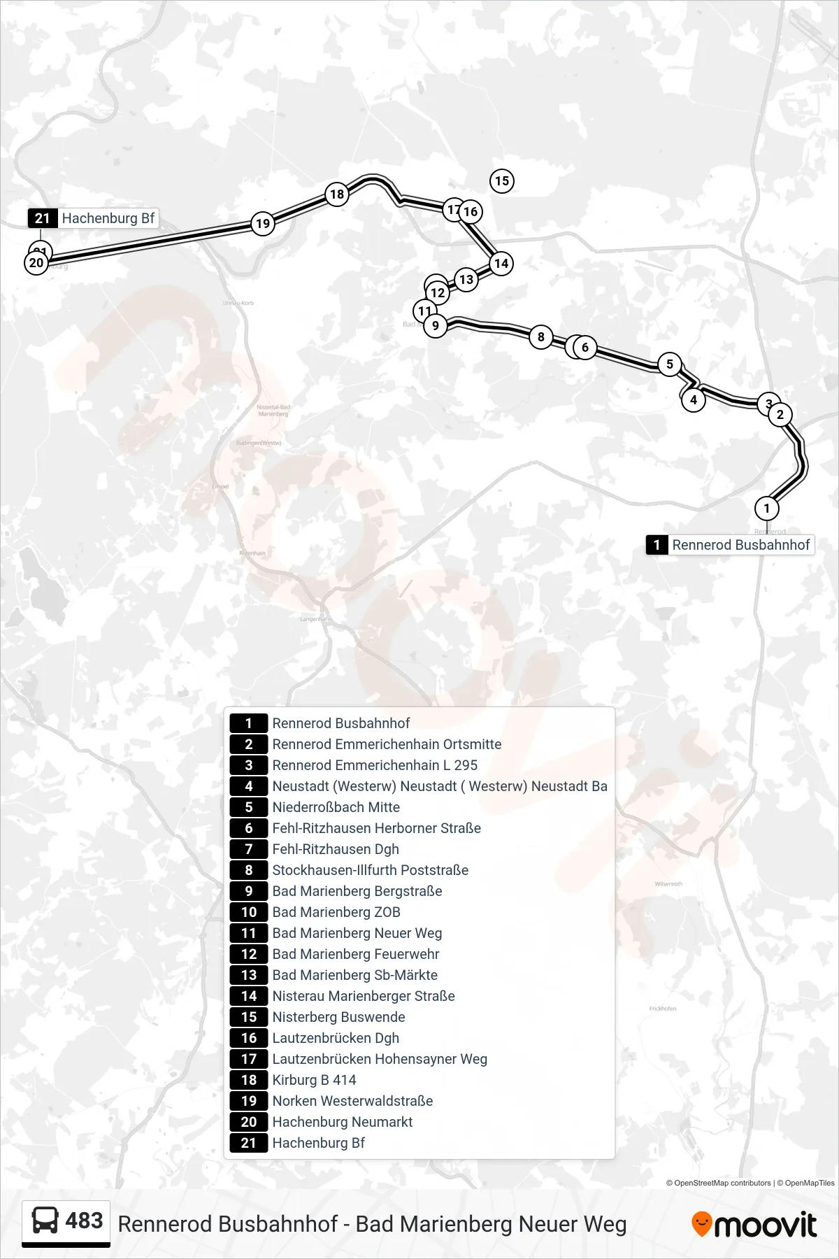 483 bus Line (Hachenburg Bf) route and stops on a map