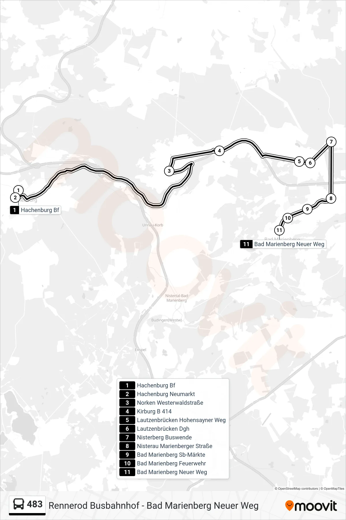 483 bus Line (Bad Marienberg Neuer Weg) route and stops on a map