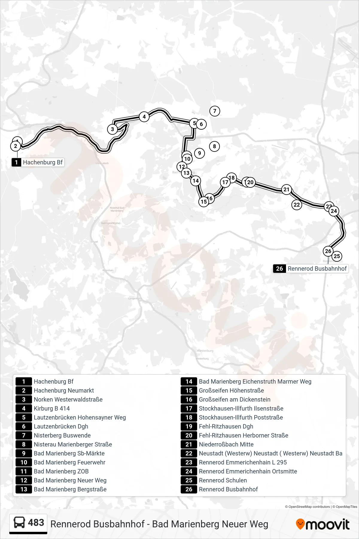 483 bus Line (Rennerod Busbahnhof) route and stops on a map