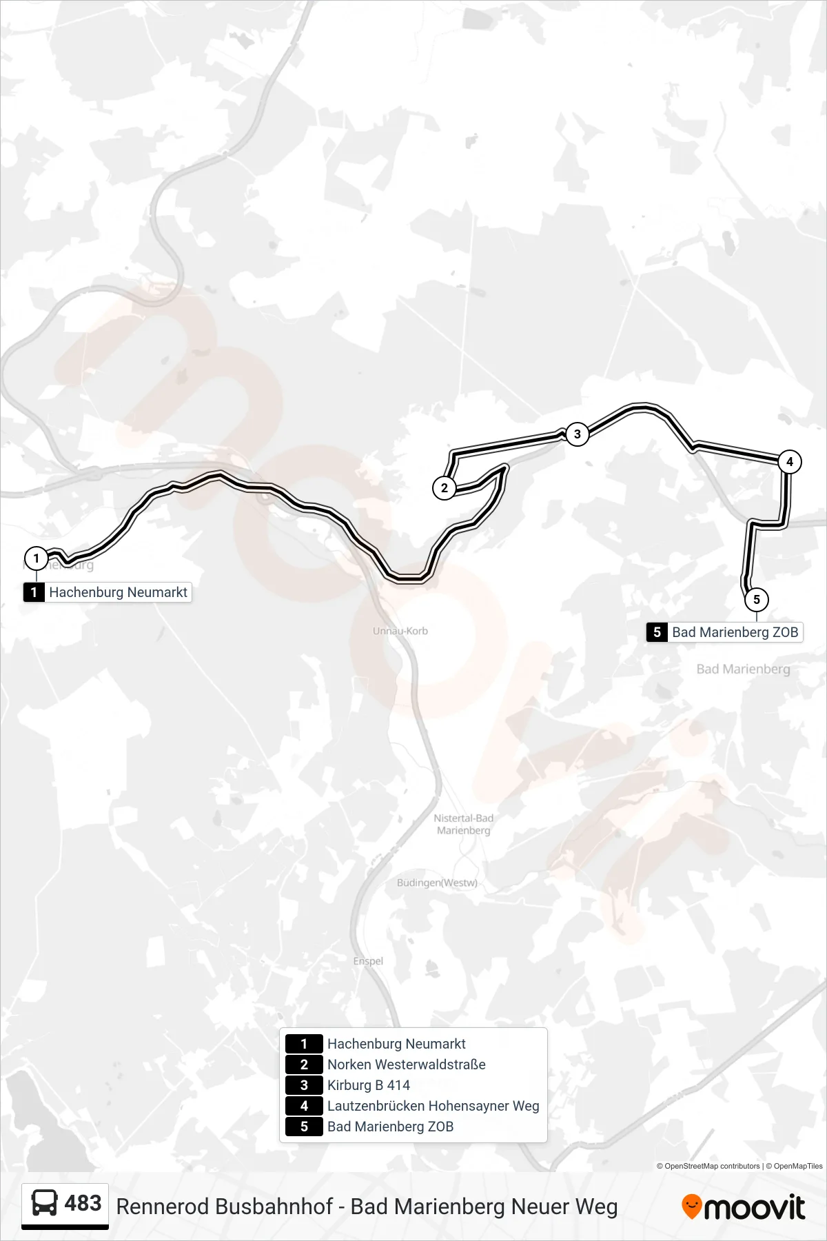 483 bus Line (Bad Marienberg ZOB) route and stops on a map