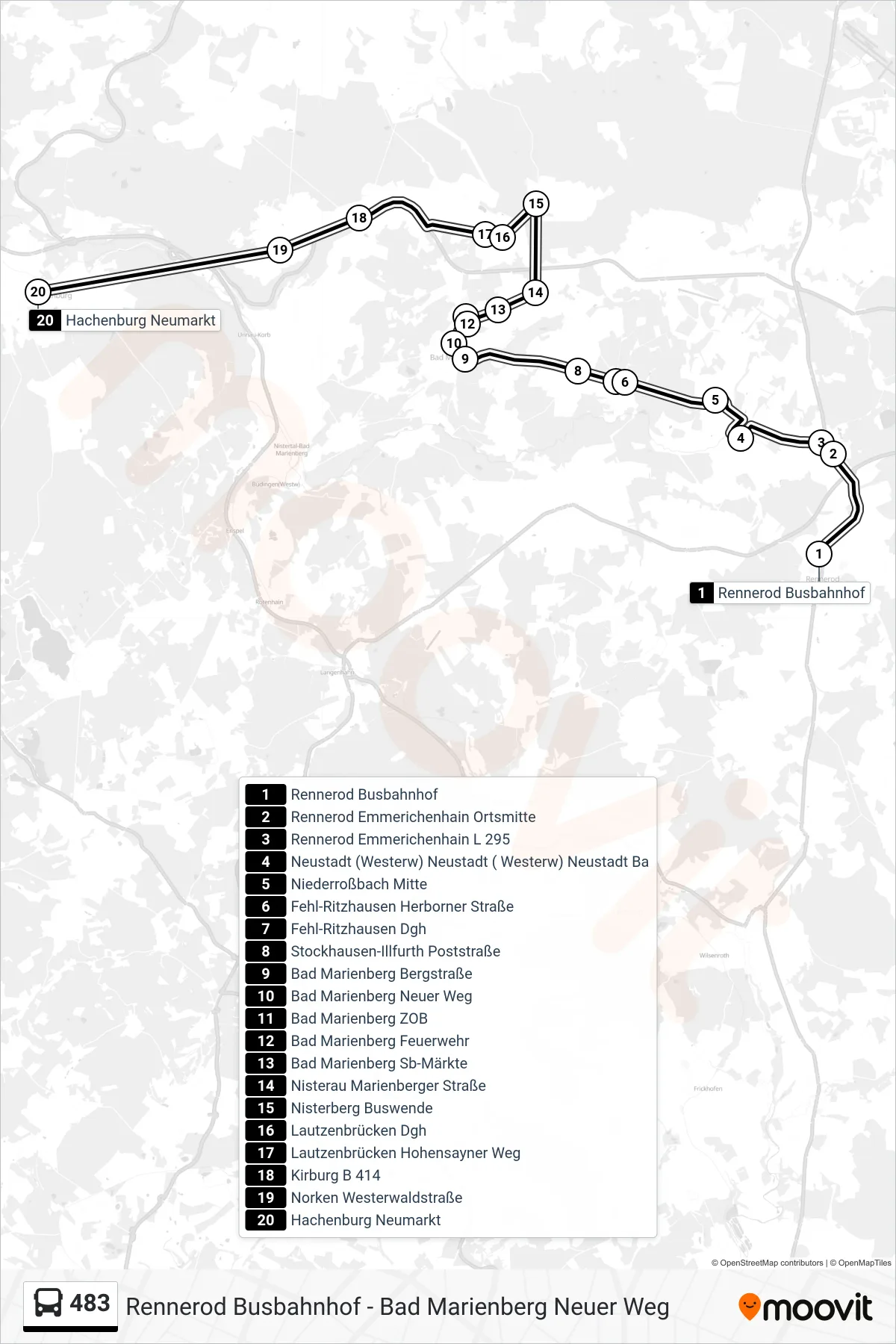 483 bus Line (Hachenburg Neumarkt) route and stops on a map