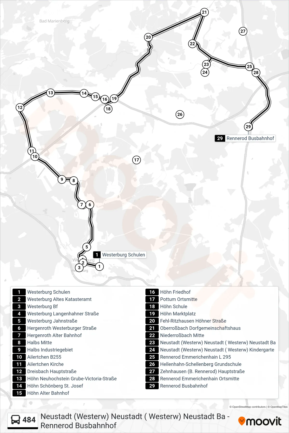 484 bus Line (Rennerod Busbahnhof) route and stops on a map