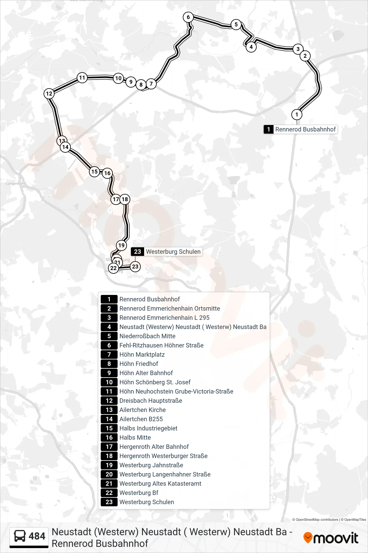 484 bus Line (Westerburg Schulen) route and stops on a map