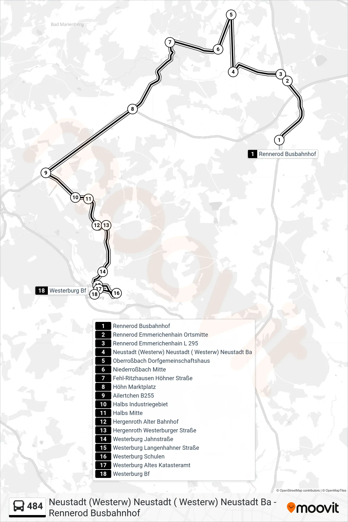 484 bus Line (Westerburg Bf) route and stops on a map