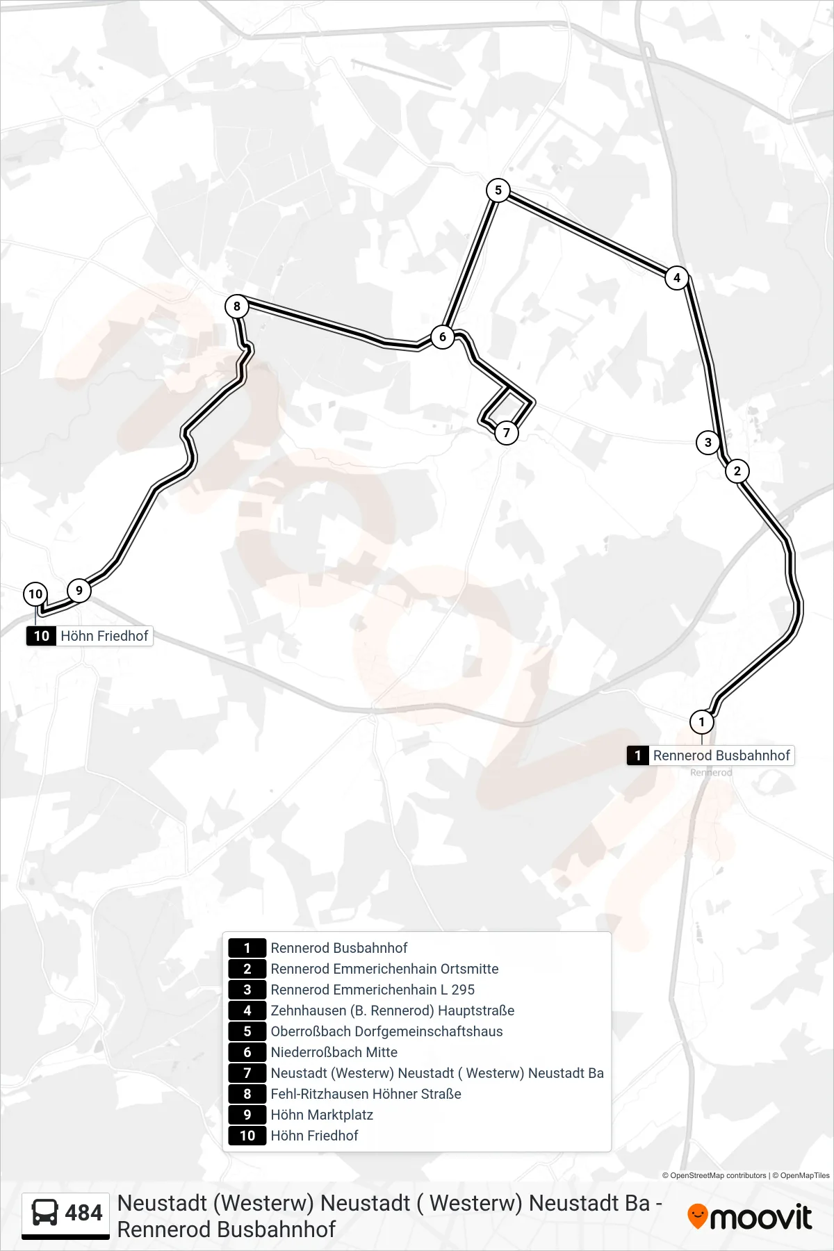 484 bus Line (Höhn Friedhof) route and stops on a map