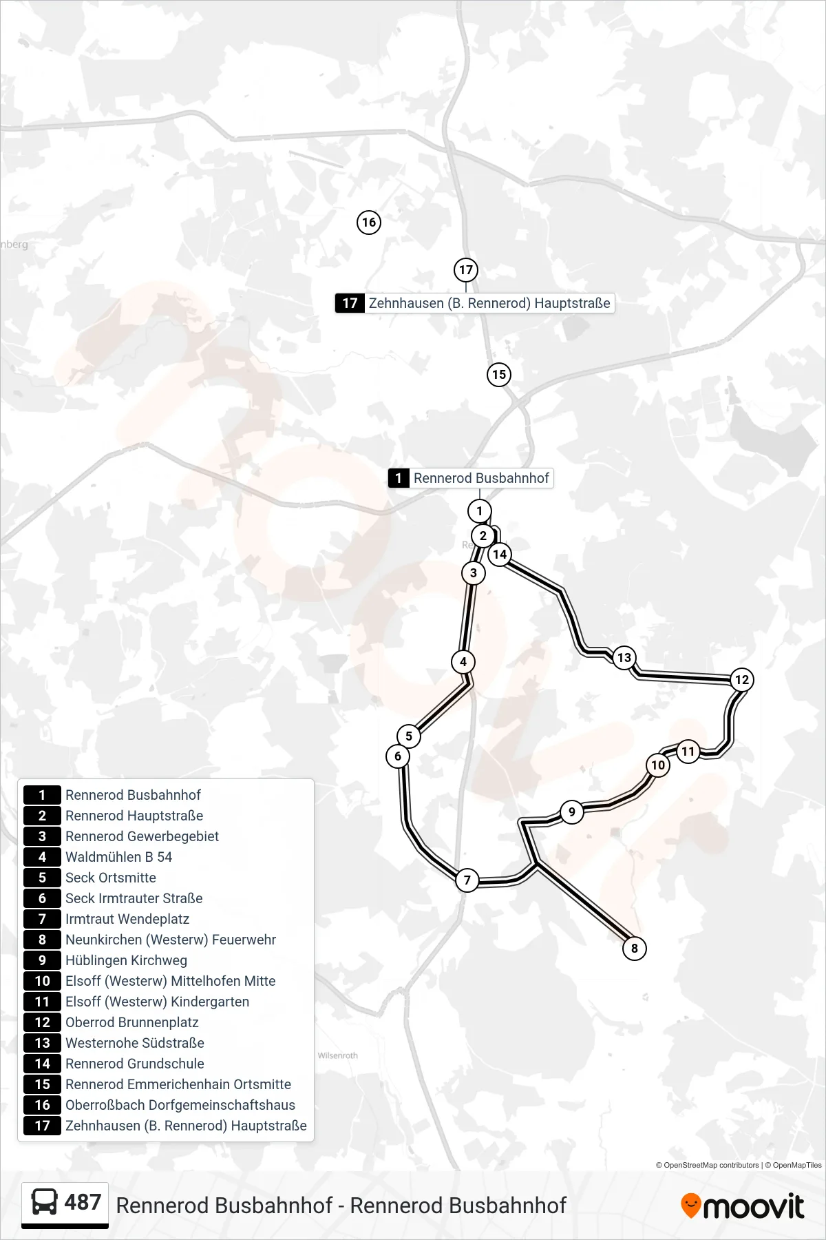 Linie 487 (Bus) Richtung Rennerod Busbahnhof: Route und Haltestellen auf der Karte