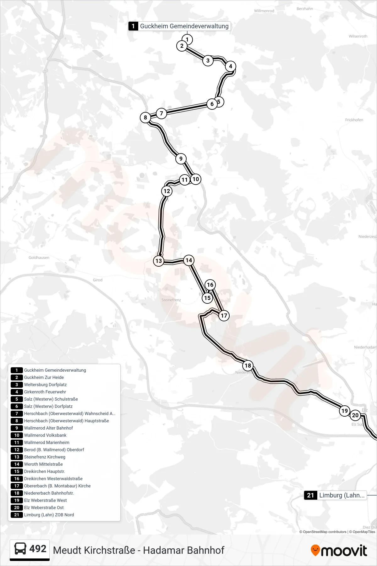 Linie 492 (Bus) Richtung Limburg (Lahn) ZOB Nord: Route und Haltestellen auf der Karte