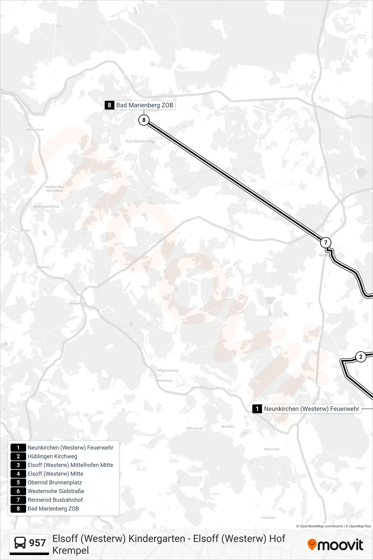 Linie 957 (Bus) Richtung Bad Marienberg ZOB: Route und Haltestellen auf der Karte