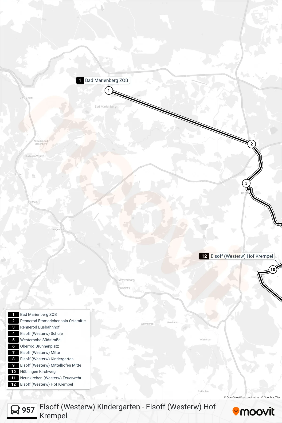 957 bus Line (Elsoff (Westerw) Hof Krempel) route and stops on a map