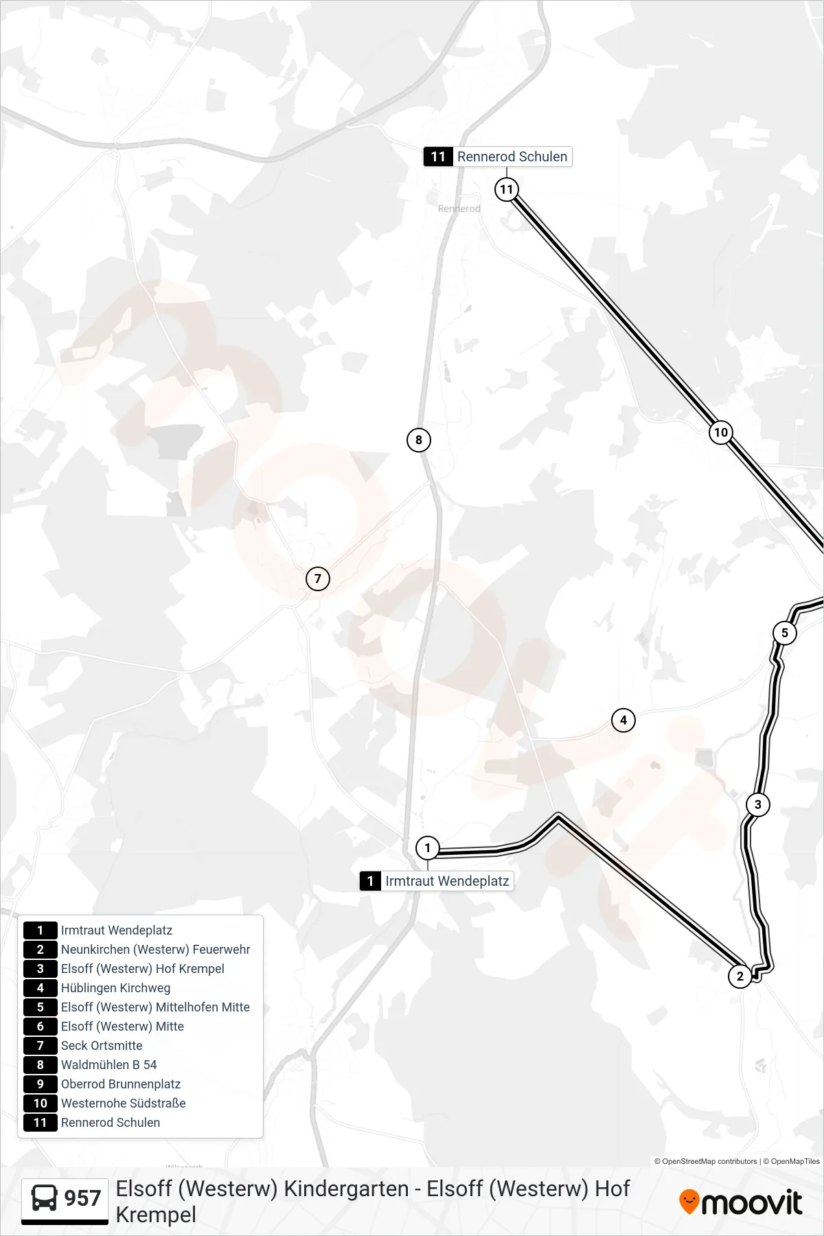 957 bus Line (Rennerod Schulen) route and stops on a map