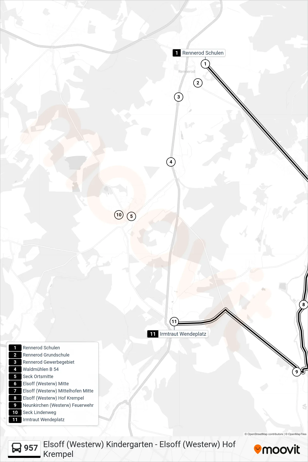 957 bus Line (Irmtraut Wendeplatz) route and stops on a map