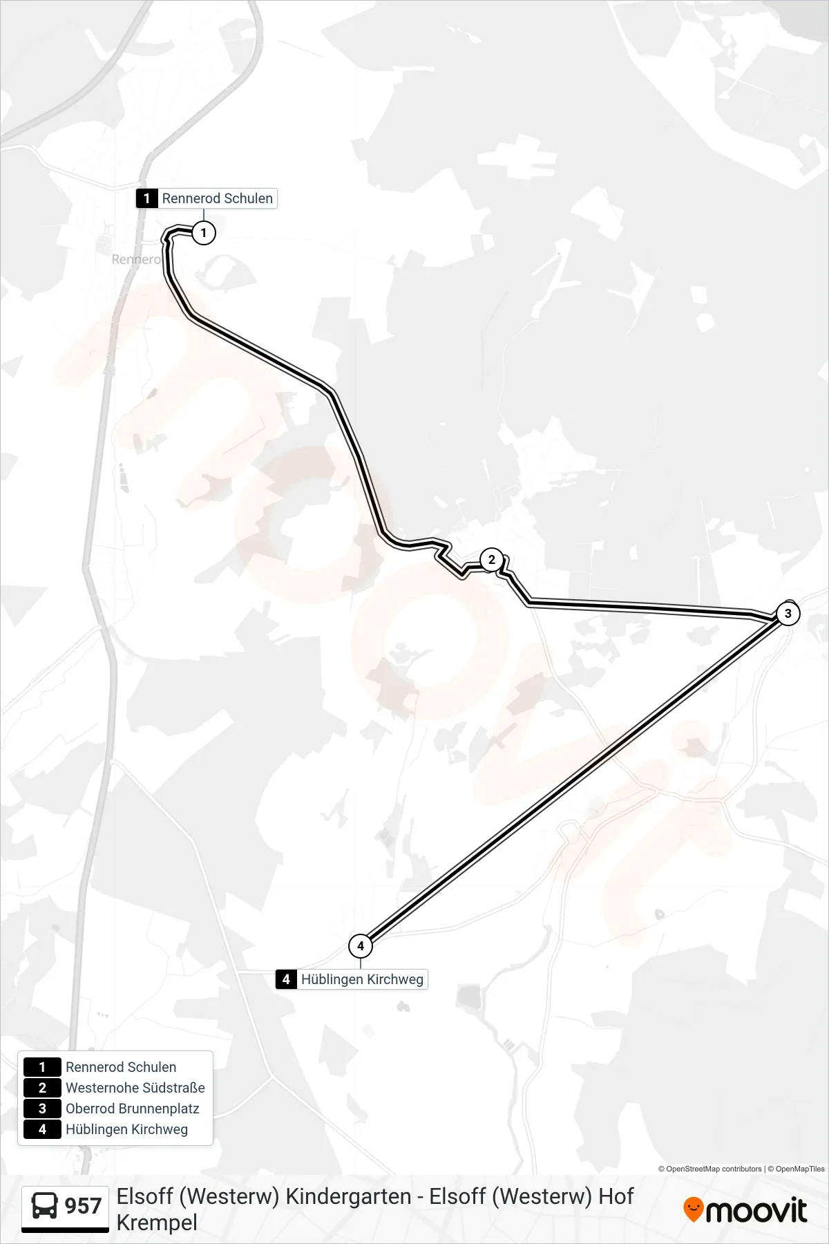957 bus Line (Hüblingen Kirchweg) route and stops on a map