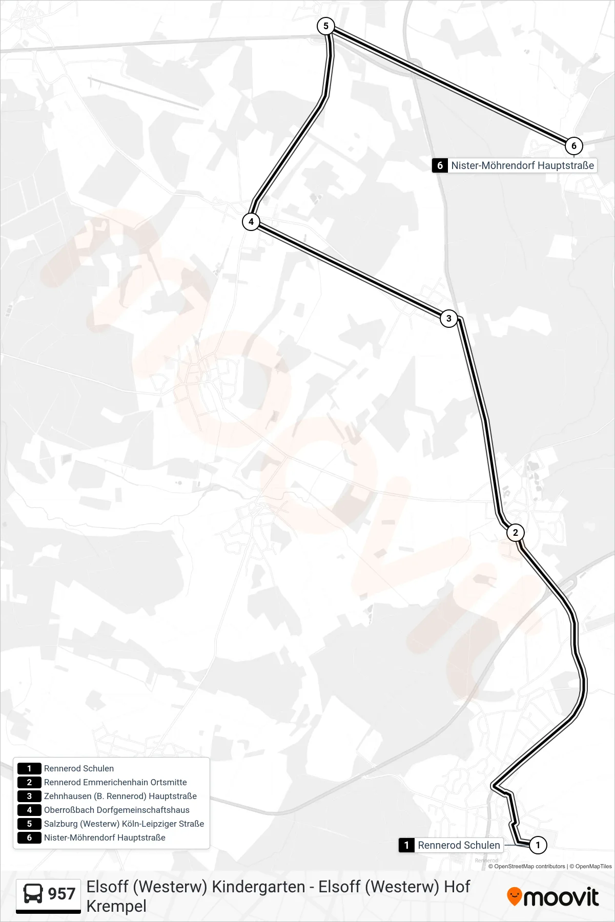 957 bus Line (Nister-Möhrendorf Hauptstraße) route and stops on a map