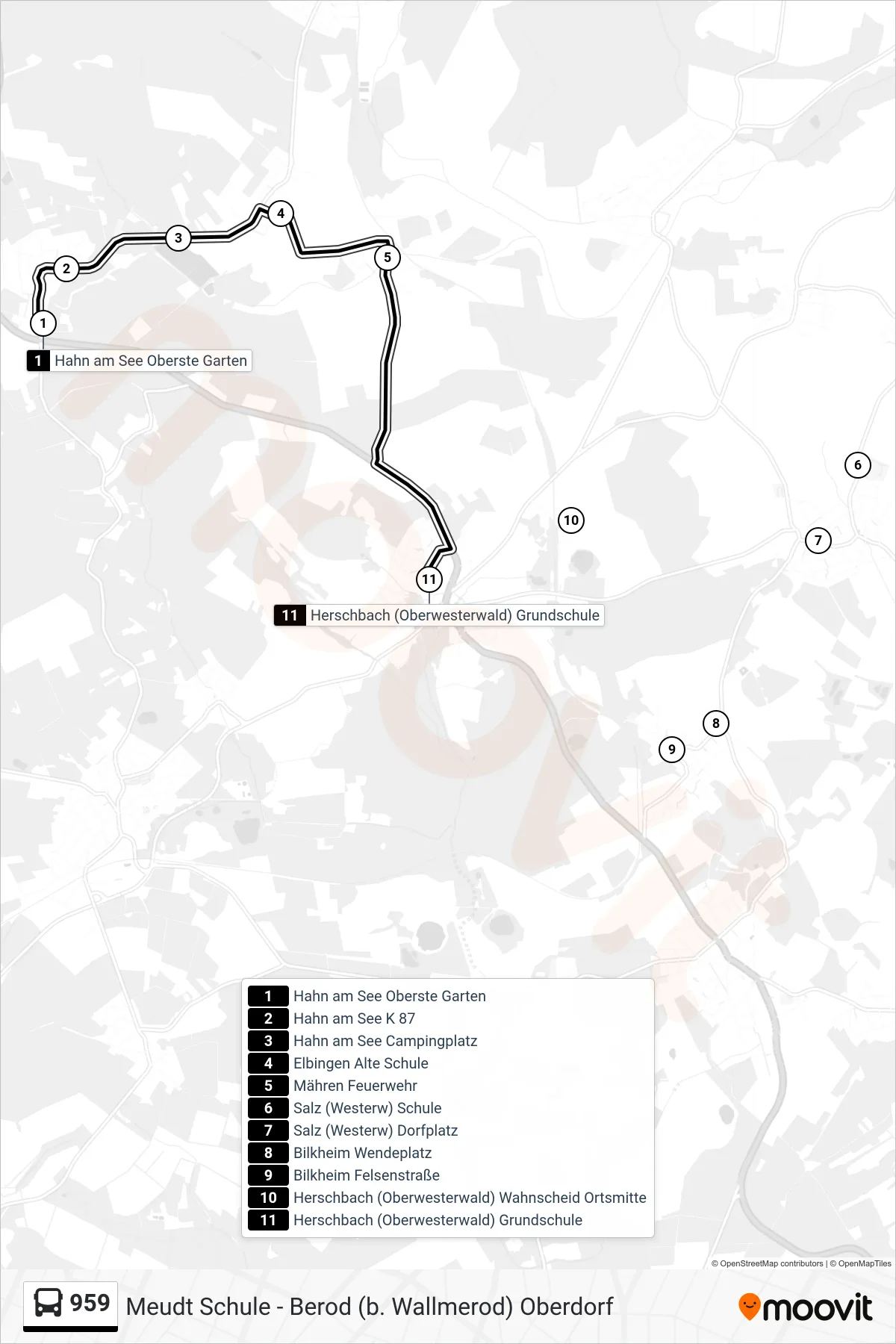 Linie 959 (Bus) Richtung Herschbach (Oberwesterwald) Grundschule: Route und Haltestellen auf der Karte