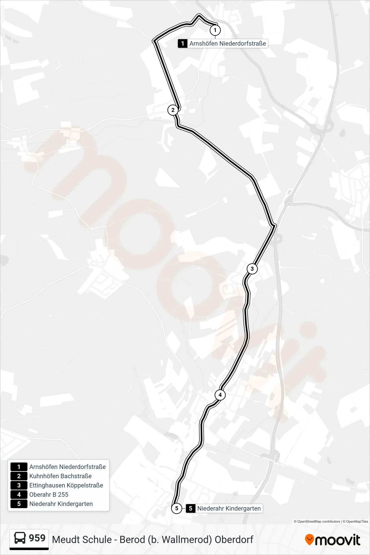 959 bus Line (Niederahr Kindergarten) route and stops on a map