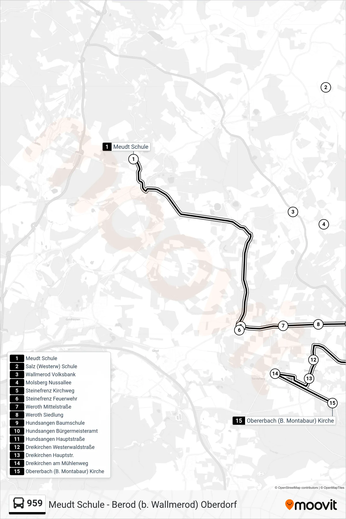 959 bus Line (Obererbach (B. Montabaur) Kirche) route and stops on a map