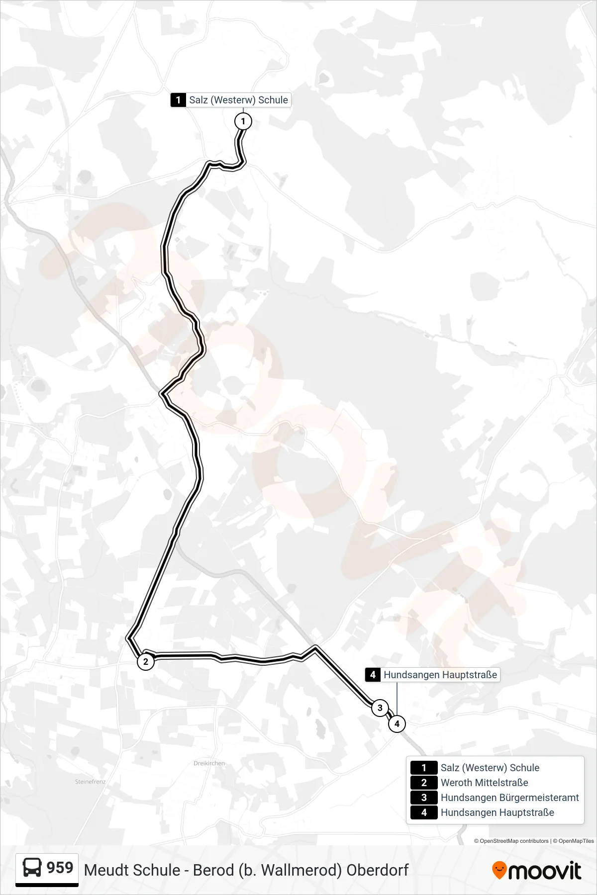 Linie 959 (Bus) Richtung Hundsangen Hauptstraße: Route und Haltestellen auf der Karte