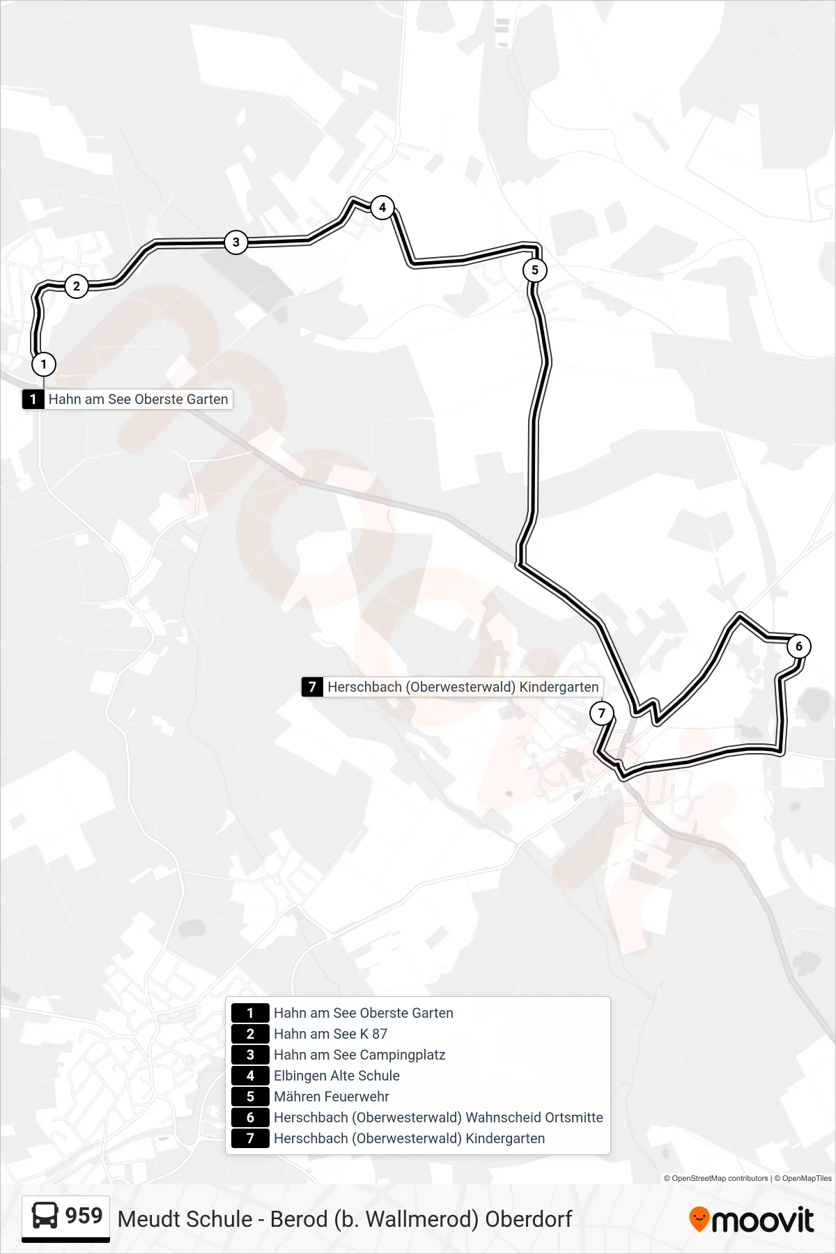 959 bus Line (Herschbach (Oberwesterwald) Kindergarten) route and stops on a map