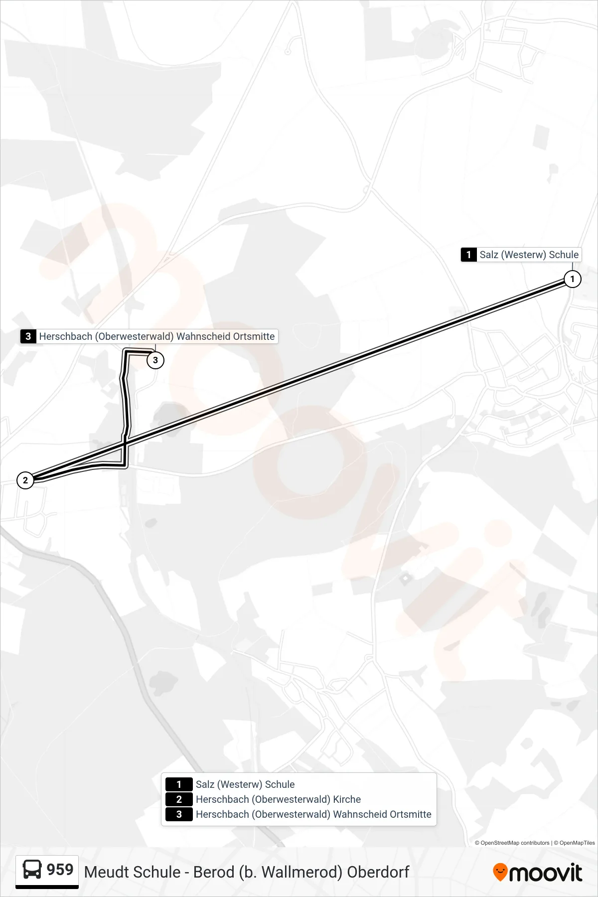 Linie 959 (Bus) Richtung Herschbach (Oberwesterwald) Wahnscheid Ortsmitte: Route und Haltestellen auf der Karte