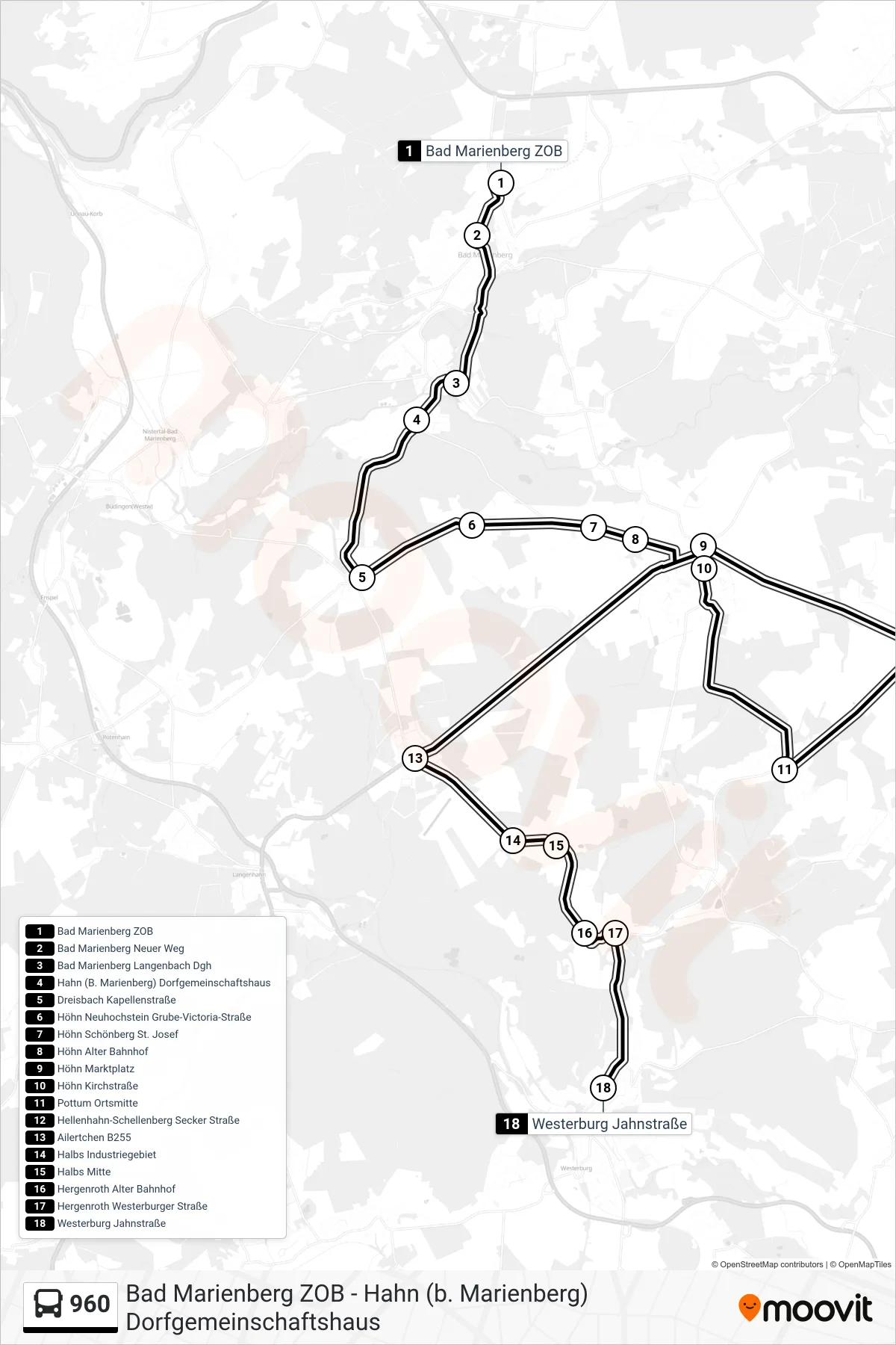 960 bus Line (Westerburg Jahnstraße) route and stops on a map