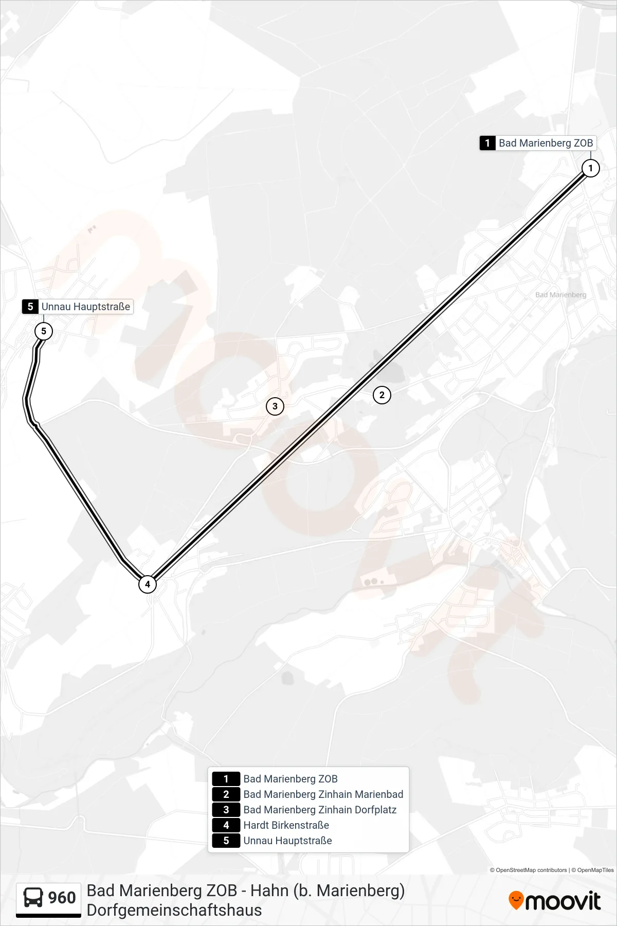 960 bus Line (Unnau Hauptstraße) route and stops on a map