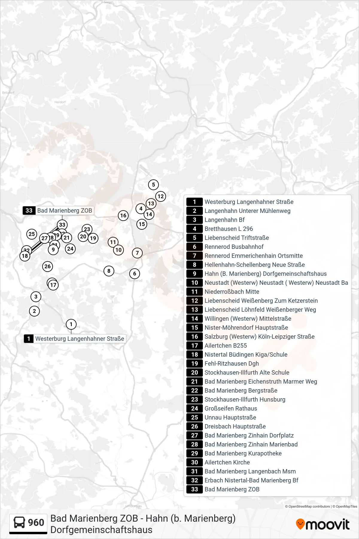 960 bus Line (Bad Marienberg ZOB) route and stops on a map