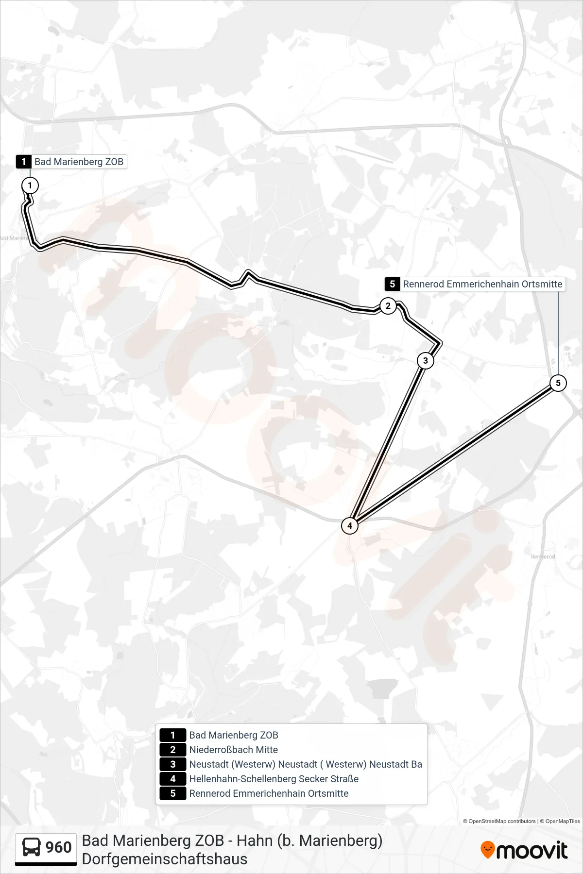 Linie 960 (Bus) Richtung Rennerod Emmerichenhain Ortsmitte: Route und Haltestellen auf der Karte