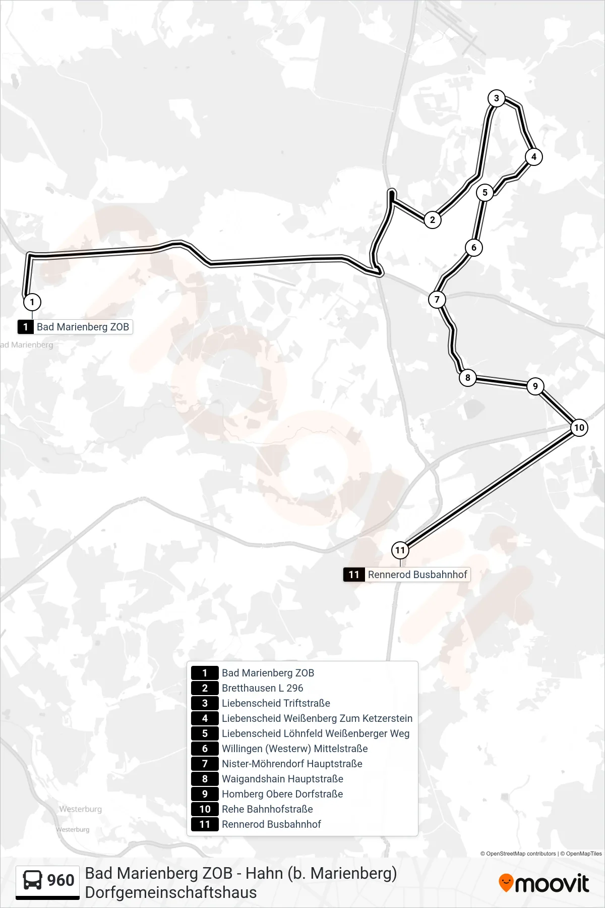 960 bus Line (Rennerod Busbahnhof) route and stops on a map