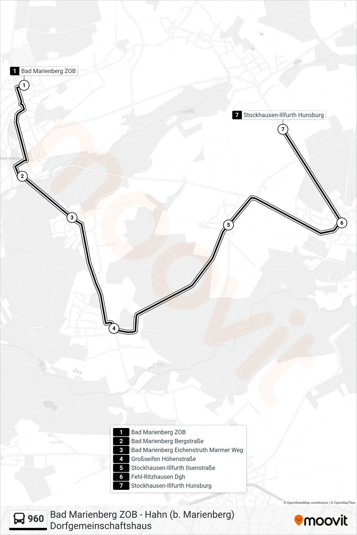 960 bus Line (Stockhausen-Illfurth Hunsburg) route and stops on a map