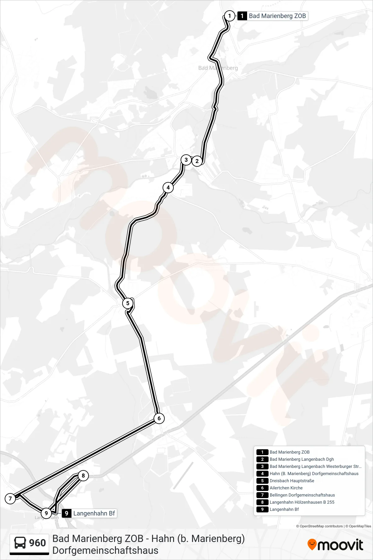 960 bus Line (Langenhahn Bf) route and stops on a map