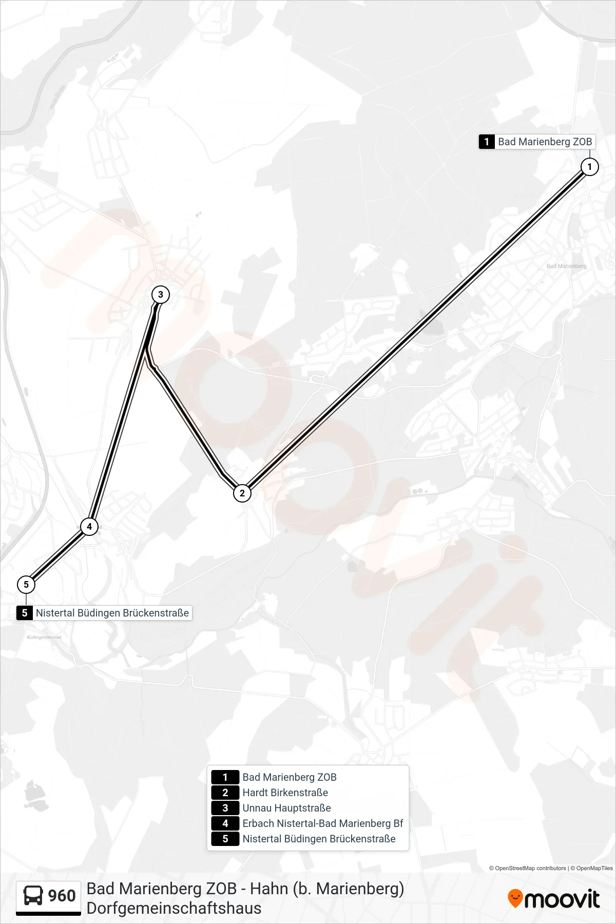 960 bus Line (Nistertal Büdingen Brückenstraße) route and stops on a map