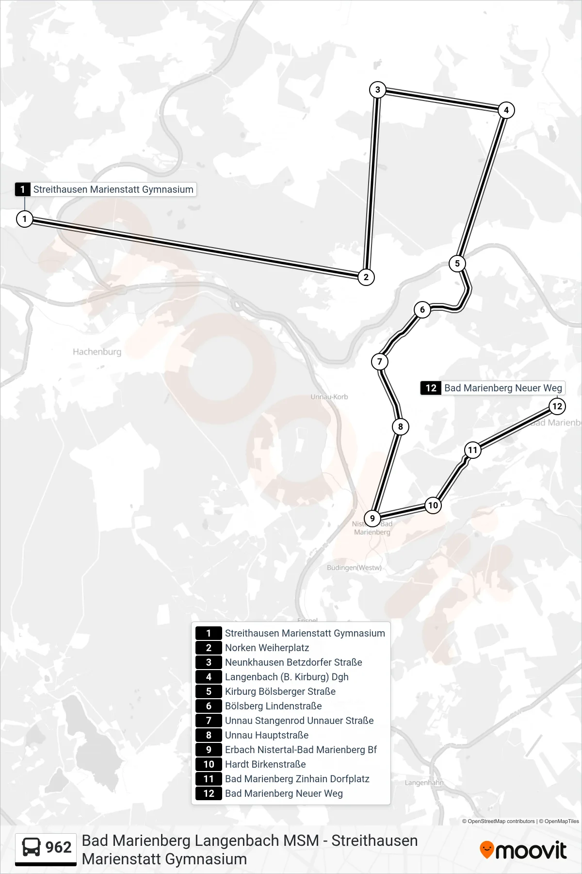 Linie 962 (Bus) Richtung Bad Marienberg Neuer Weg: Route und Haltestellen auf der Karte