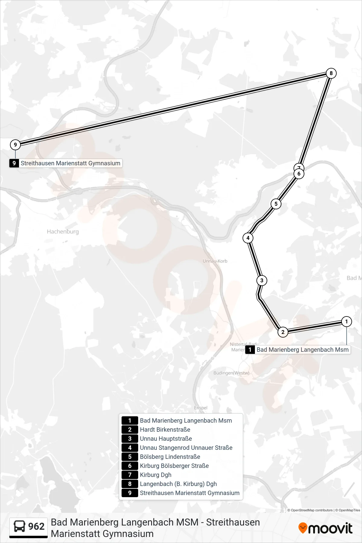 Linie 962 (Bus) Richtung Streithausen Marienstatt Gymnasium: Route und Haltestellen auf der Karte