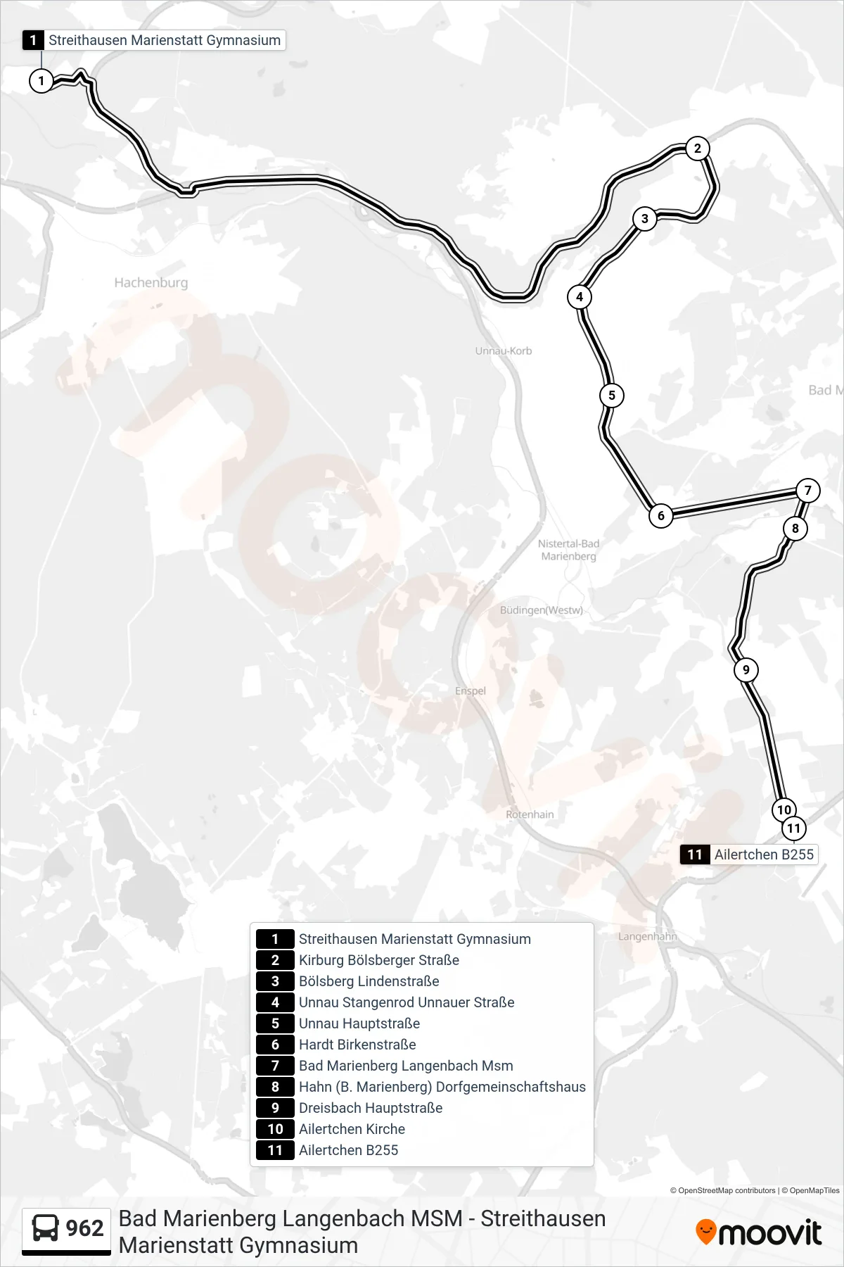 Linie 962 (Bus) Richtung Ailertchen B255: Route und Haltestellen auf der Karte