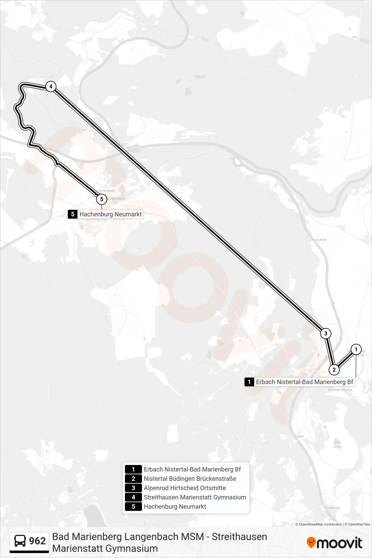 Linie 962 (Bus) Richtung Hachenburg Neumarkt: Route und Haltestellen auf der Karte