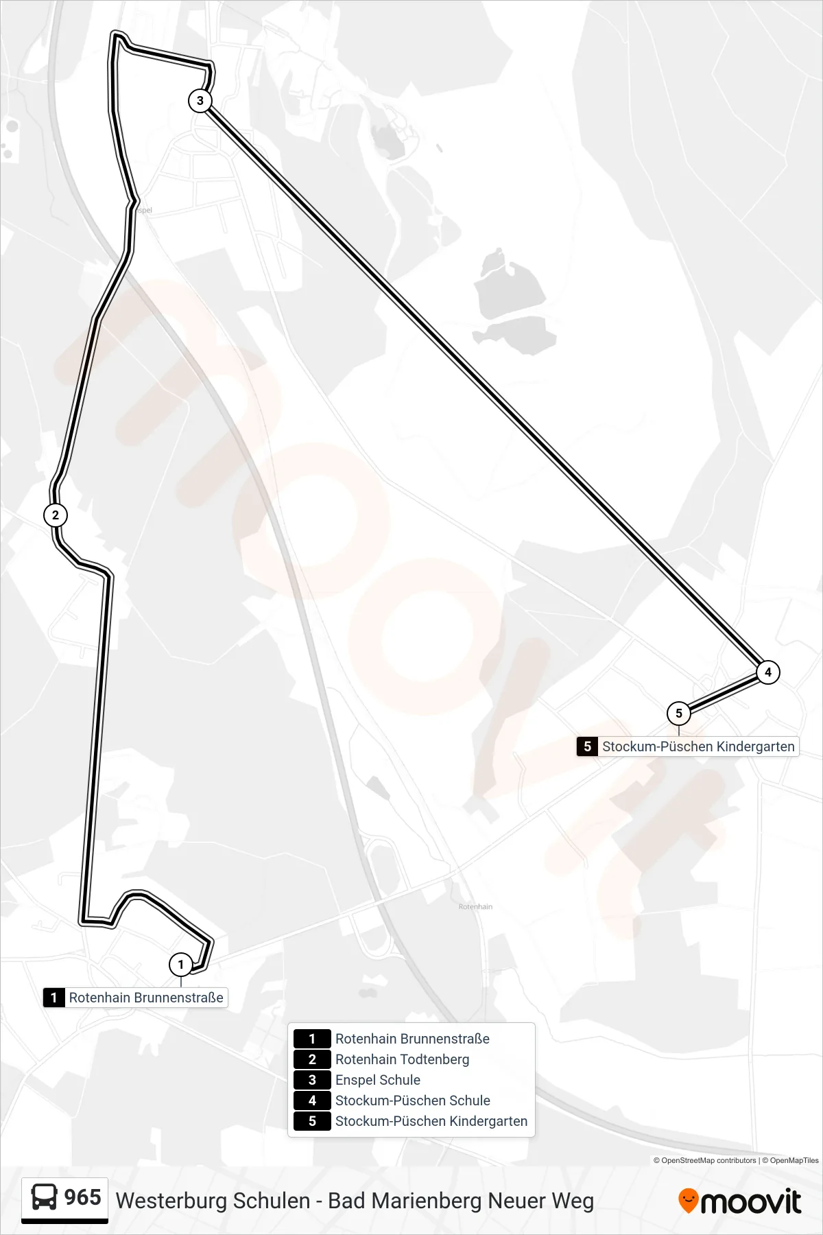 965 bus Line (Stockum-Püschen Kindergarten) route and stops on a map
