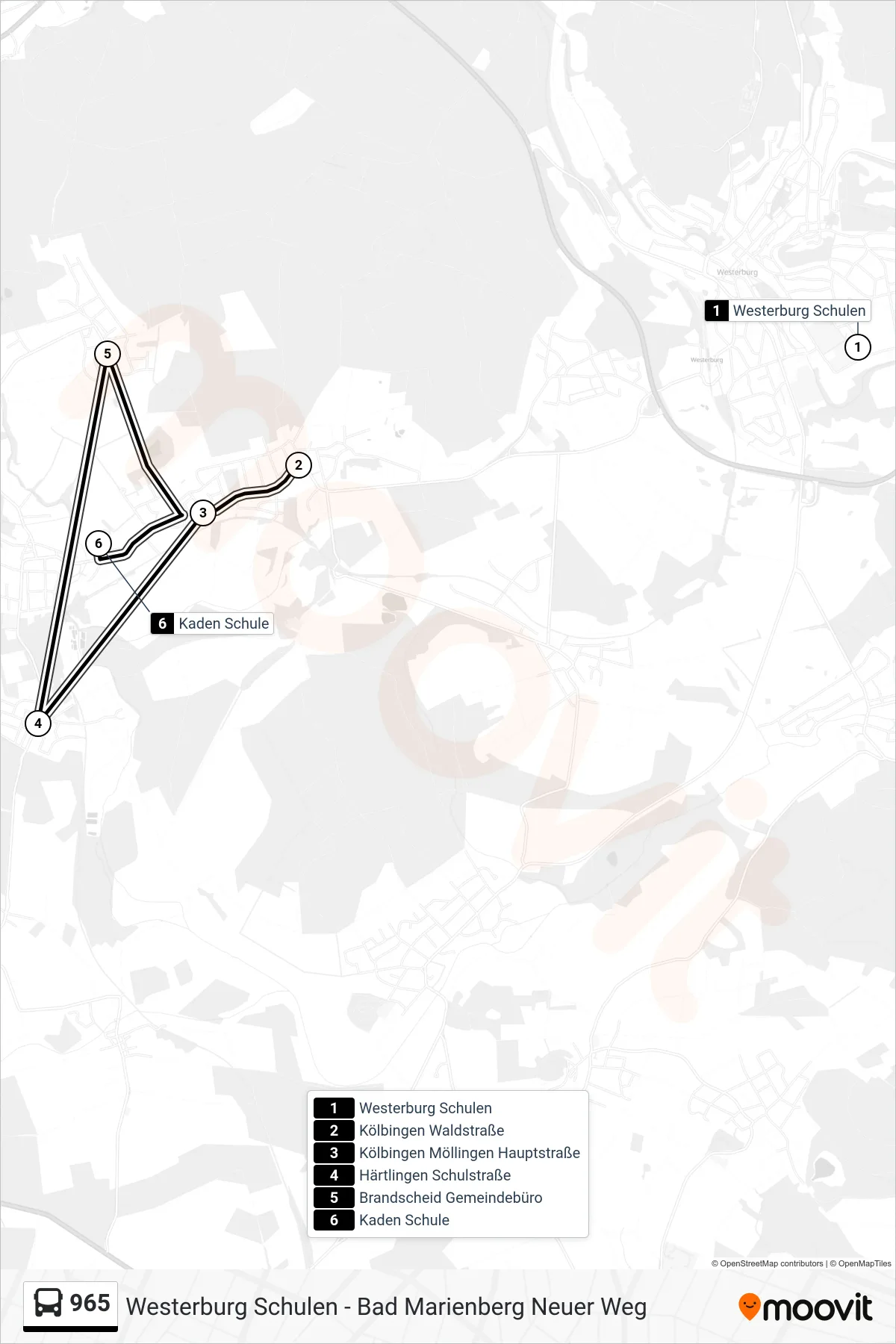 965 bus Line (Kaden Schule) route and stops on a map