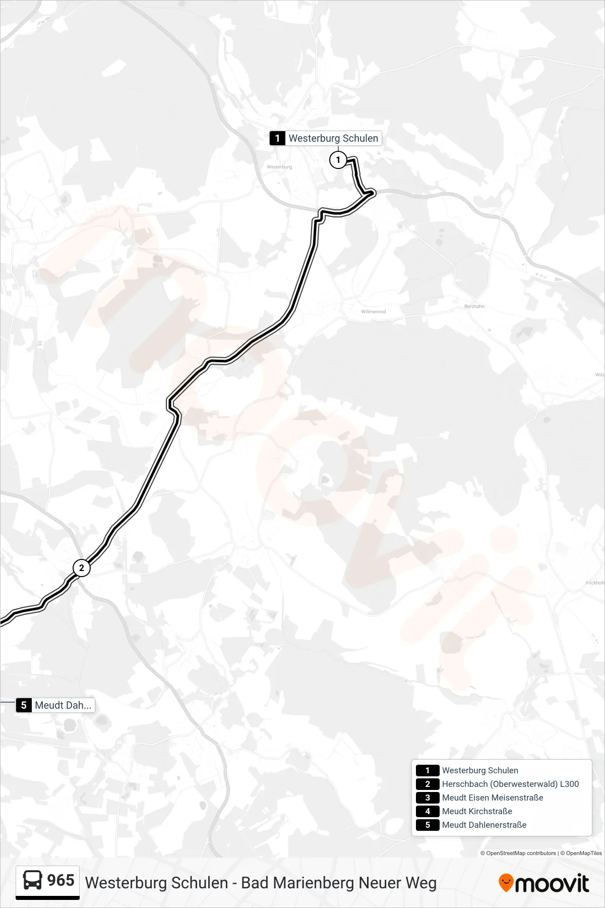 965 bus Line (Meudt Dahlenerstraße) route and stops on a map