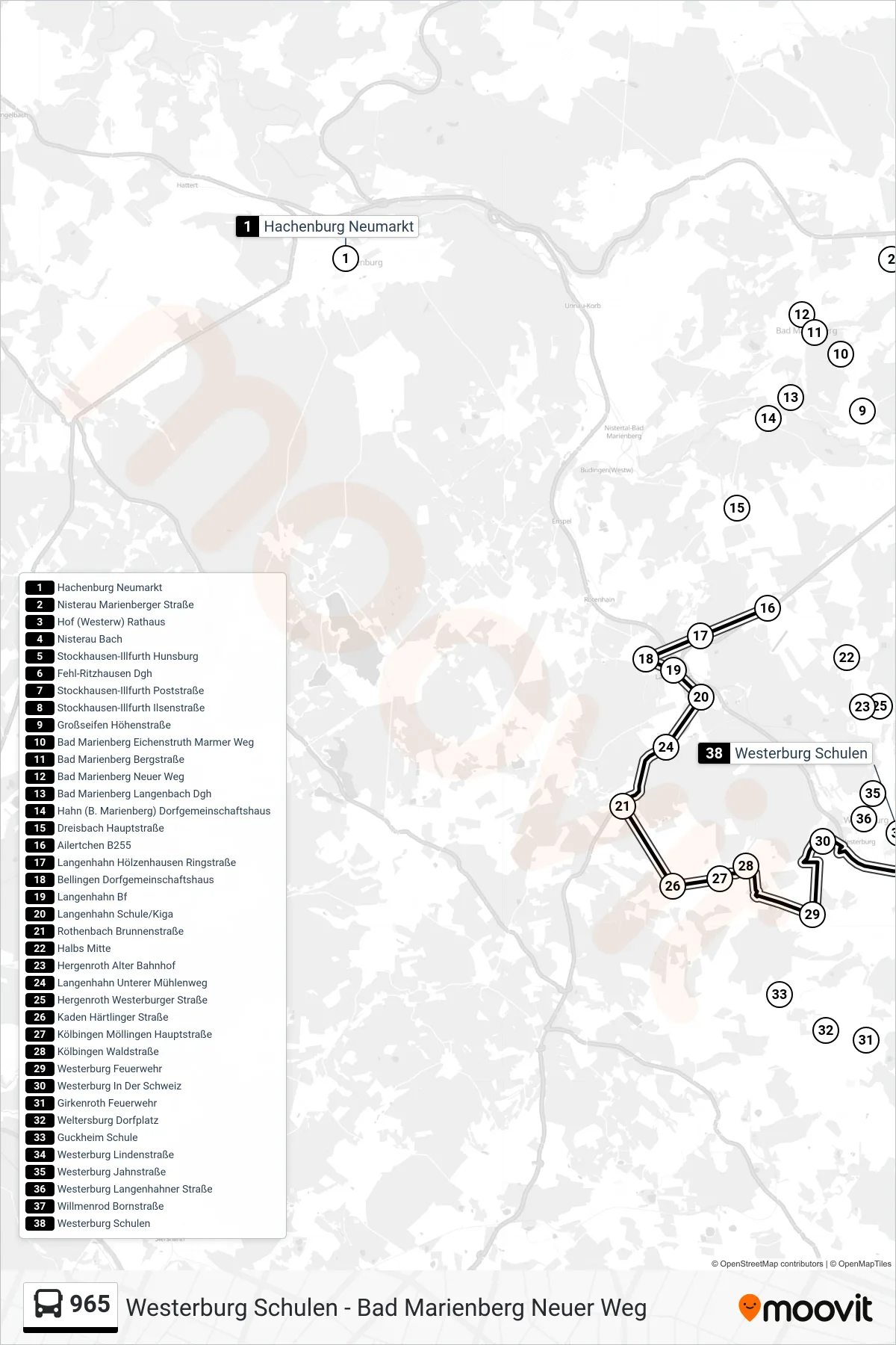965 bus Line (Westerburg Schulen) route and stops on a map