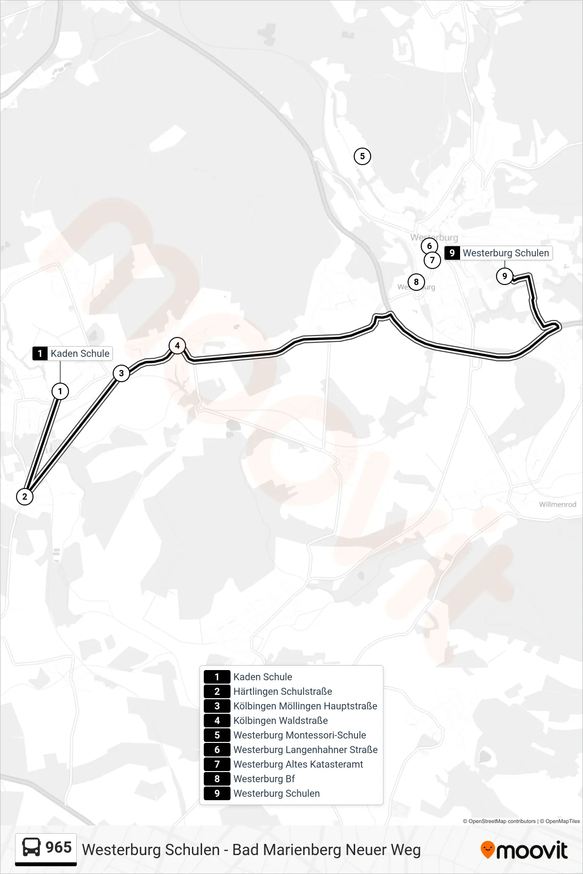 965 bus Line (Westerburg Schulen) route and stops on a map