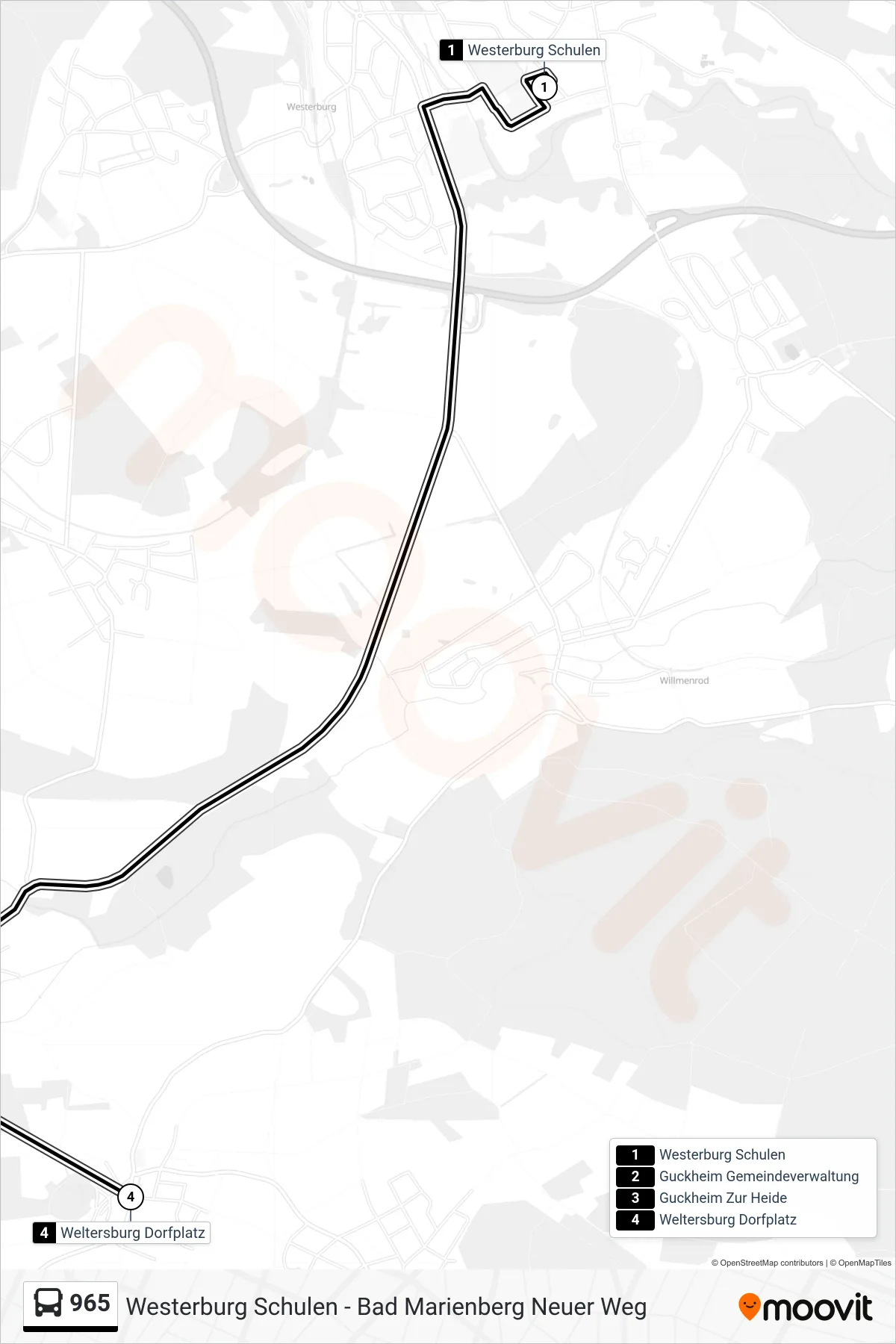 965 bus Line (Weltersburg Dorfplatz) route and stops on a map