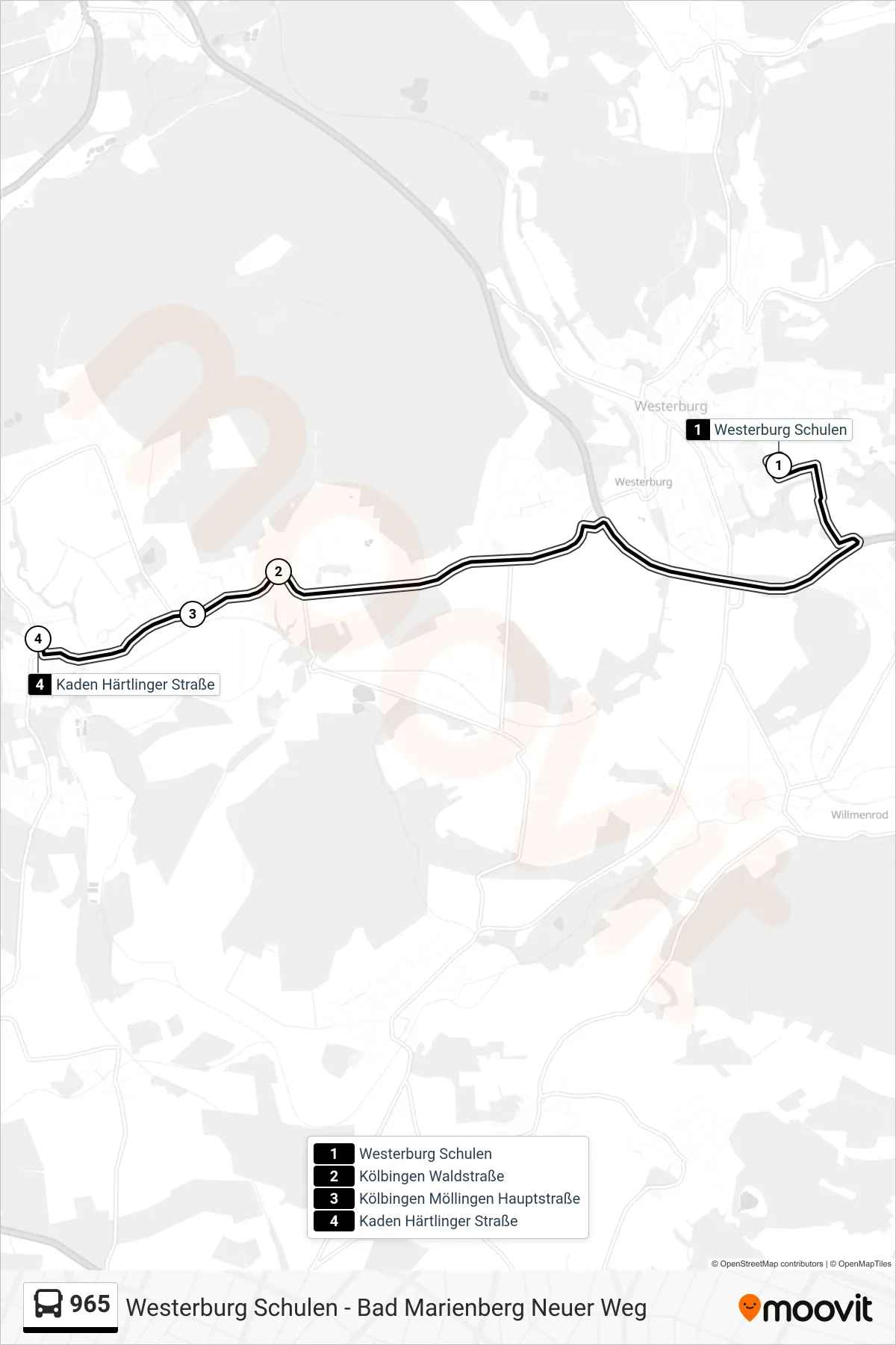 965 bus Line (Kaden Härtlinger Straße) route and stops on a map