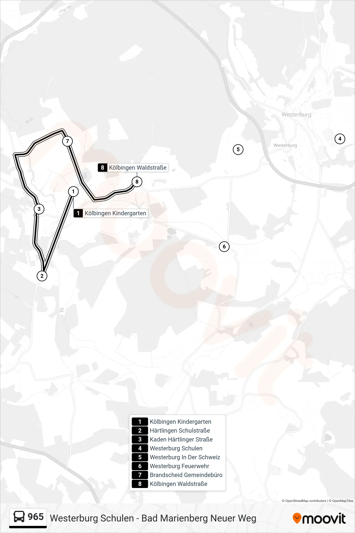 965 bus Line (Kölbingen Waldstraße) route and stops on a map