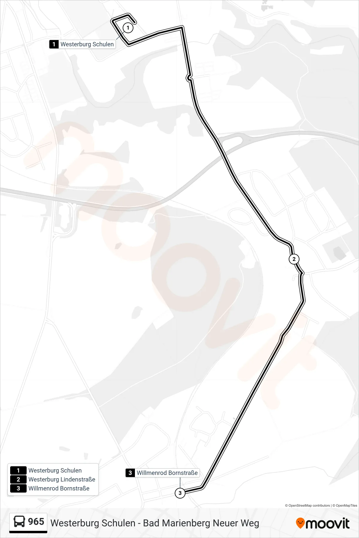 965 bus Line (Willmenrod Bornstraße) route and stops on a map