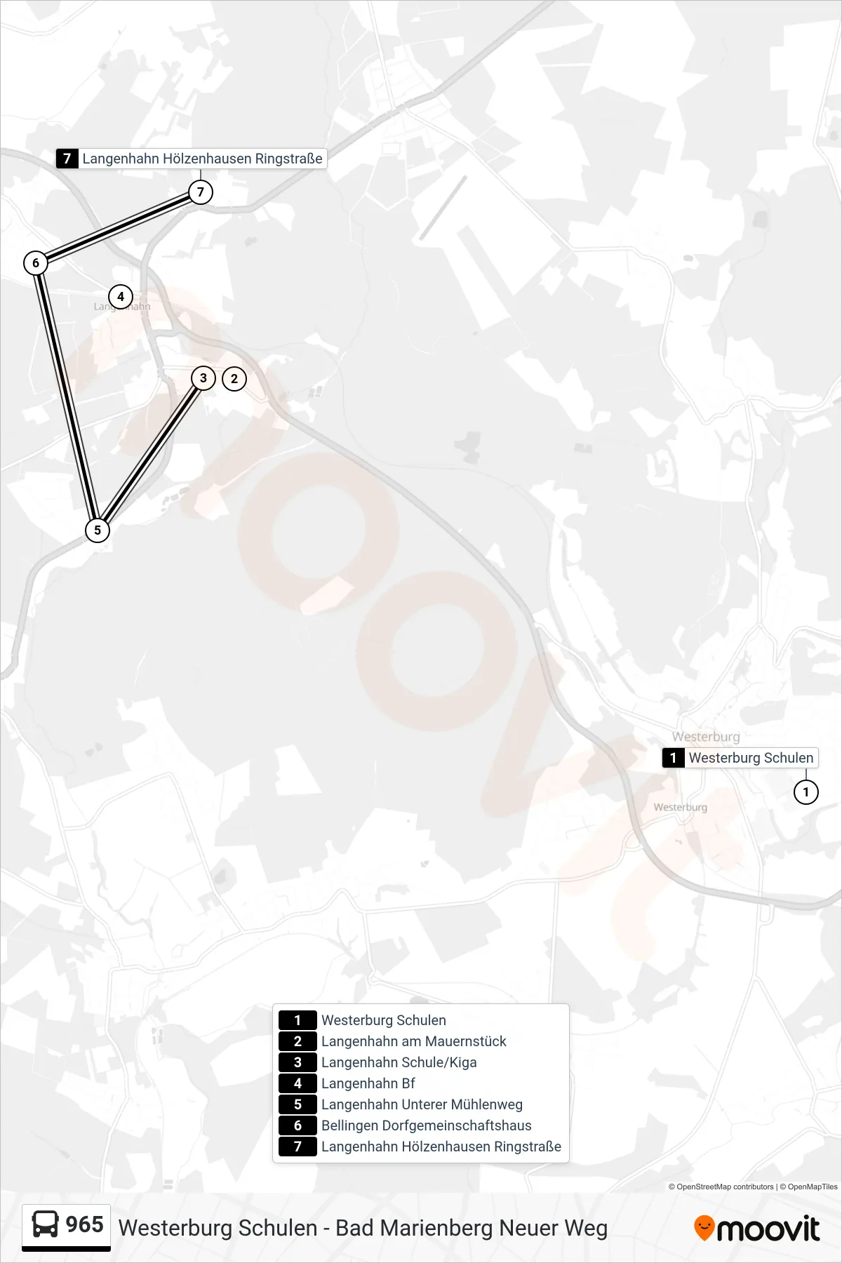 965 bus Line (Langenhahn Hölzenhausen Ringstraße) route and stops on a map